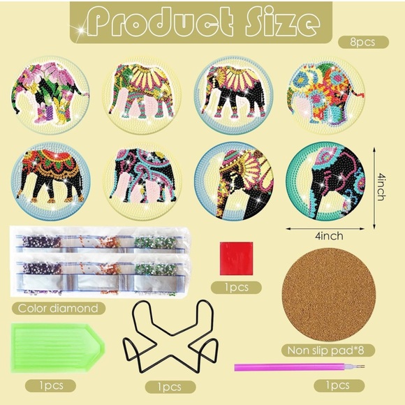 8 Pcs Elephant Diamond Art Coasters Kits with Holder - Picture 2 of 6
